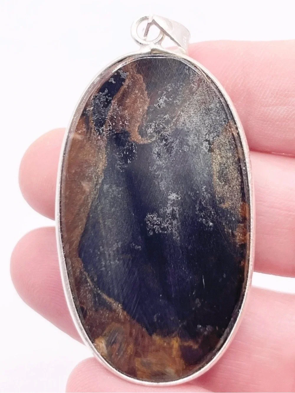 Pietersite 925 Sterling Silver Brown and Black Oval Pendant
